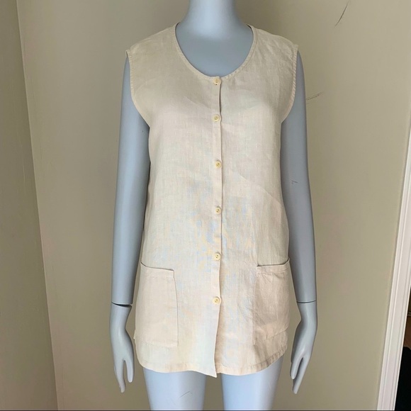 EILEEN FISHER 100% Linen Button Up Sleeveless Top Tunic Beige Sand Summer Size S - Picture 6 of 16